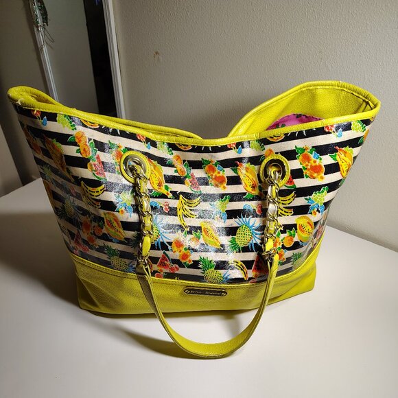 Betsey Johnson Banana Split Tote Bag Fruit Striped Yellow - Picture 2 of 16